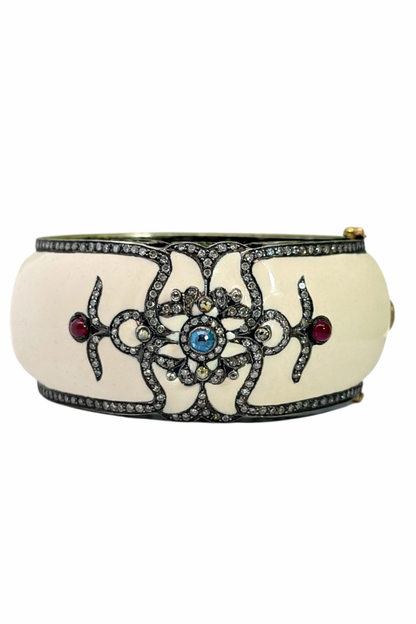 Retro Ivory Enamel, Diamond, Aquamarine & Ruby Bangle in Sterling Silver & 14K Gold