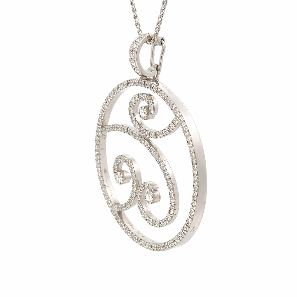 Large 18K White Gold Diamond Circle Swirl Enhancer Pendant