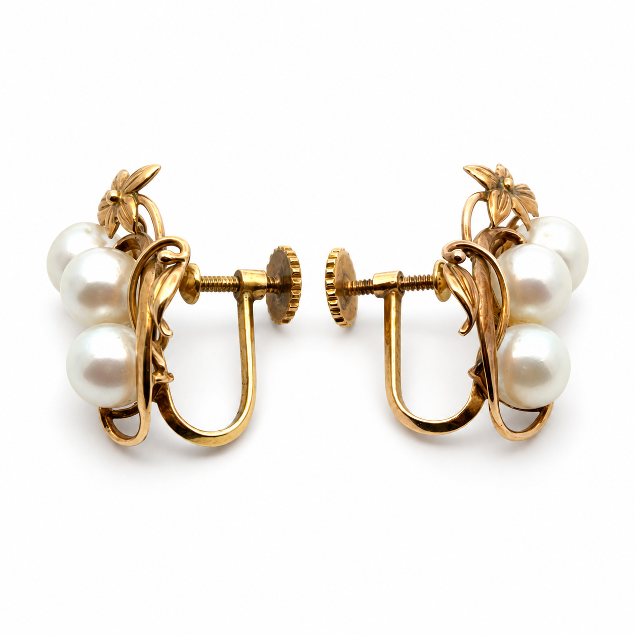 Vintage 14K Yellow Gold Six-Pearl Floral Vine Earrings