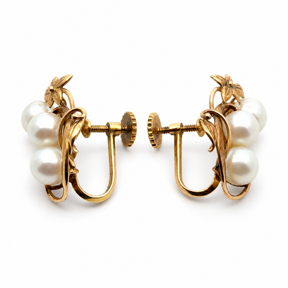 Vintage 14K Yellow Gold Six-Pearl Floral Vine Earrings