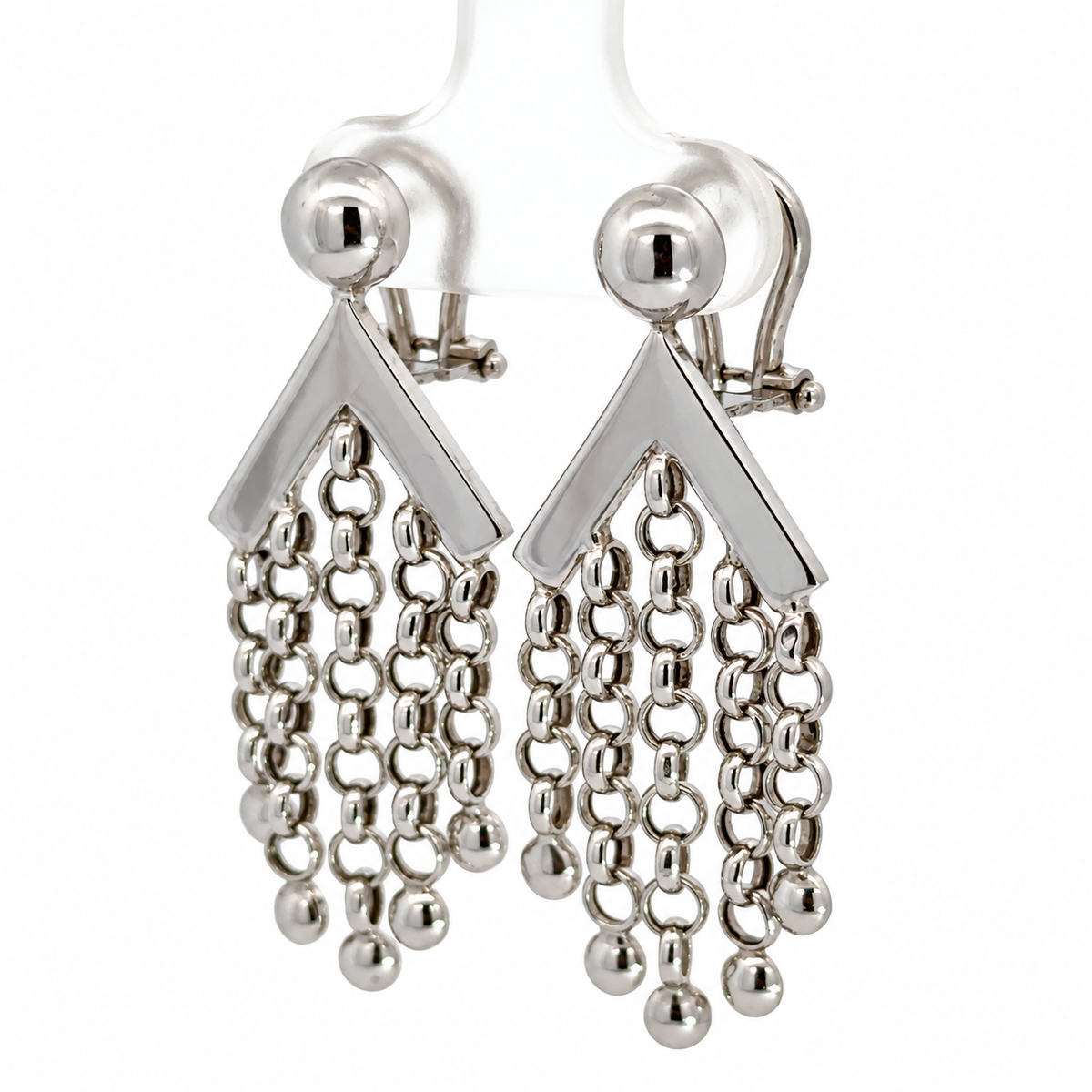 14K White Gold Chevron & Chain Fringe Drop Earrings