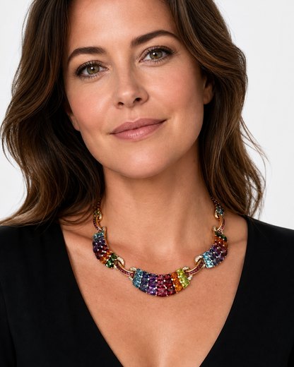 Luxury 18K Gold Rainbow Gemstone Necklace with Diamonds – 70CT Natural Stones, 16”