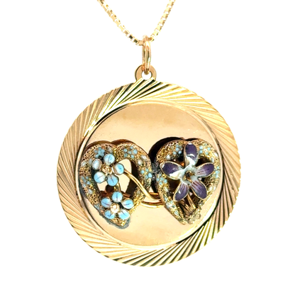 Vintage 14K Gold Enamel Clematis & Forget-Me-Not Double Heart Pendant