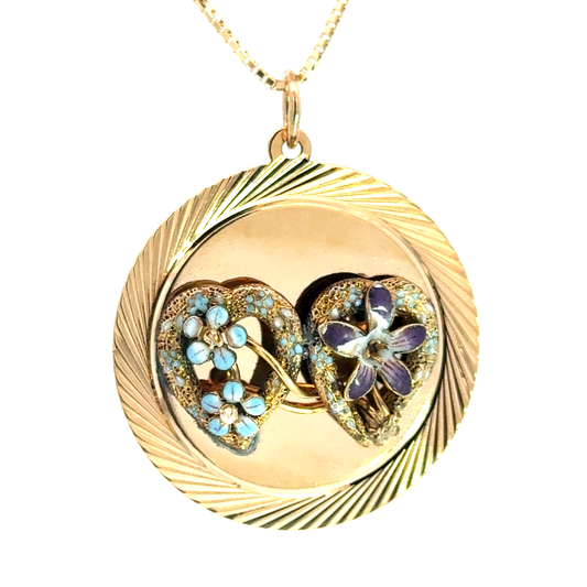 Vintage 14K Gold Enamel Clematis & Forget-Me-Not Double Heart Pendant