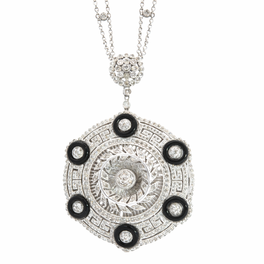 18K White Gold Diamond & Onyx Medallion Necklace
