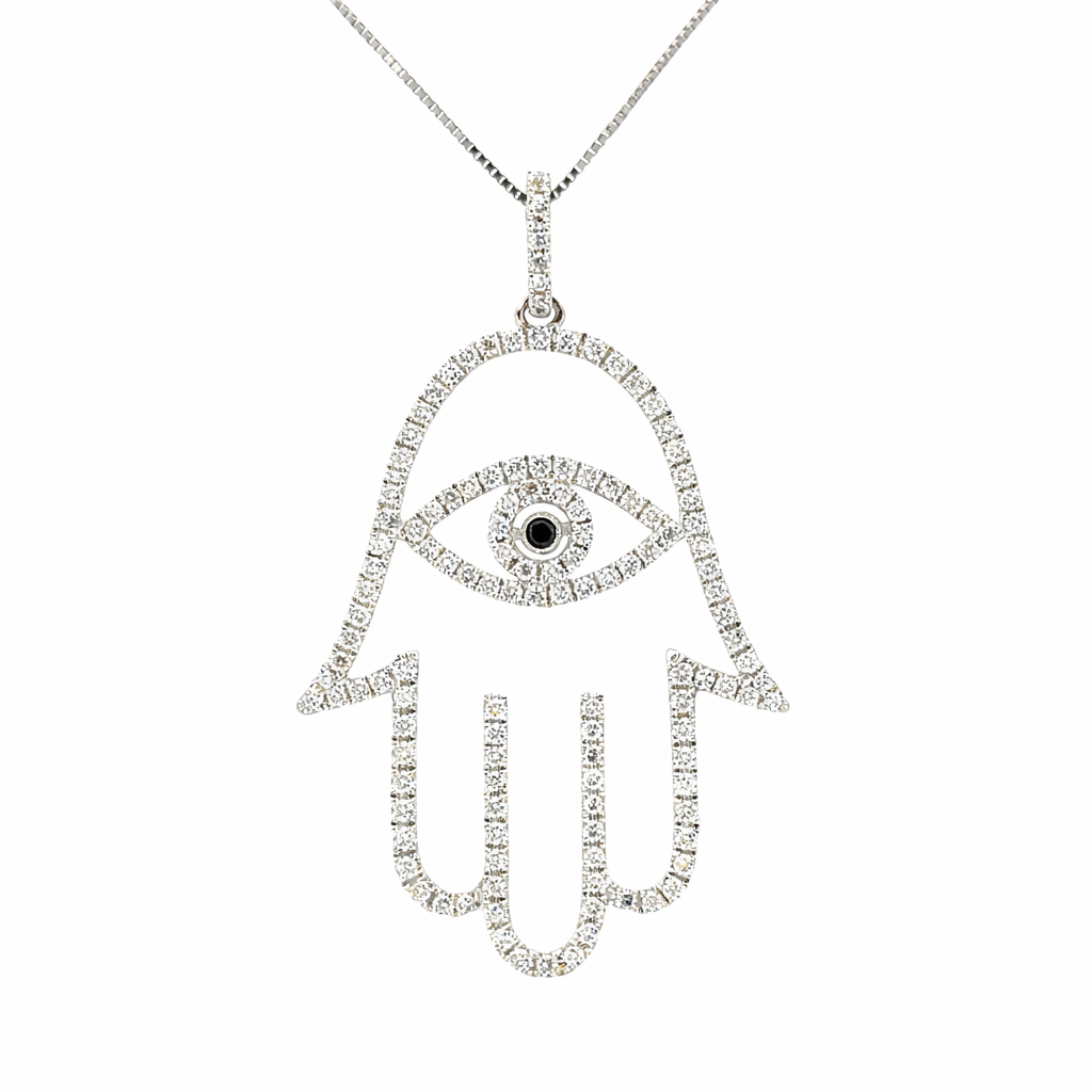 18K White Gold Pave Diamond Hamsa with Box Chain