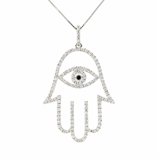 18K White Gold Pave Diamond Hamsa with Box Chain