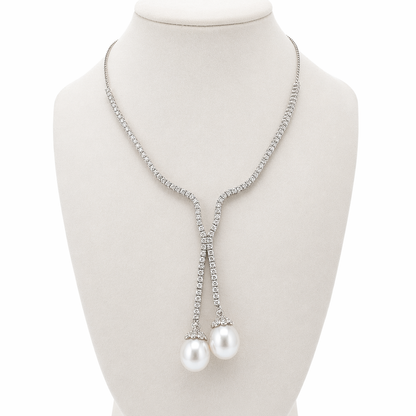 18K White Gold Diamond Tennis Lariat Necklace with South Sea Pearl Drops