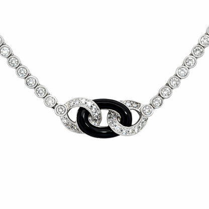 18K White Gold Diamond & Onyx Interlocking Link Necklace