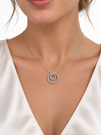 14K White Gold Diamond Double Circle Pendant Necklace, 16.5 Inches