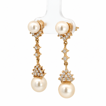 14K Gold Diamond Cluster & Pearl Drop Earrings