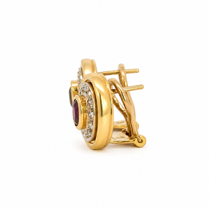 Vintage Magenta Ruby & Diamonds Oval Earrings in 18K Gold