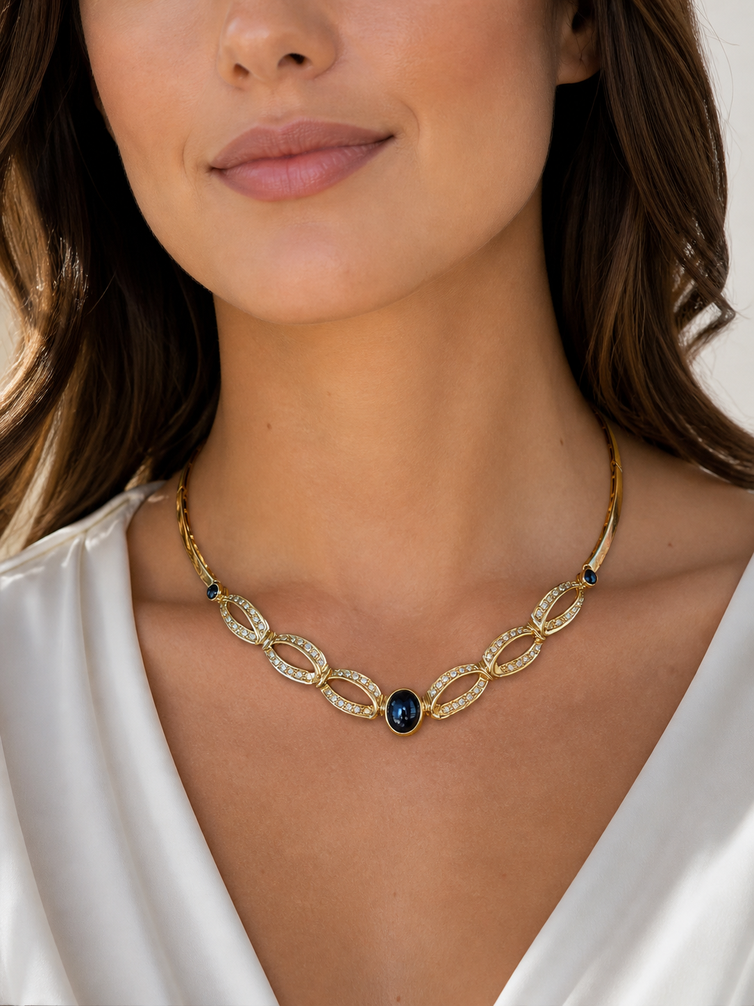 1960’s Estate 18K Gold Diamond & Sapphire Link Necklace