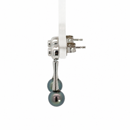 Modern 14K White Gold Black Pearl & Diamond Drop Earrings