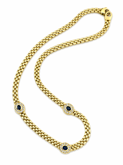 Vintage     18K Yellow Gold Sapphire Diamond Necklace – Flexible Link Chain