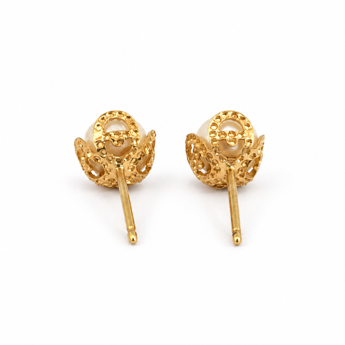 14K Yellow Gold Pearl Bud Floral Stud Earrings