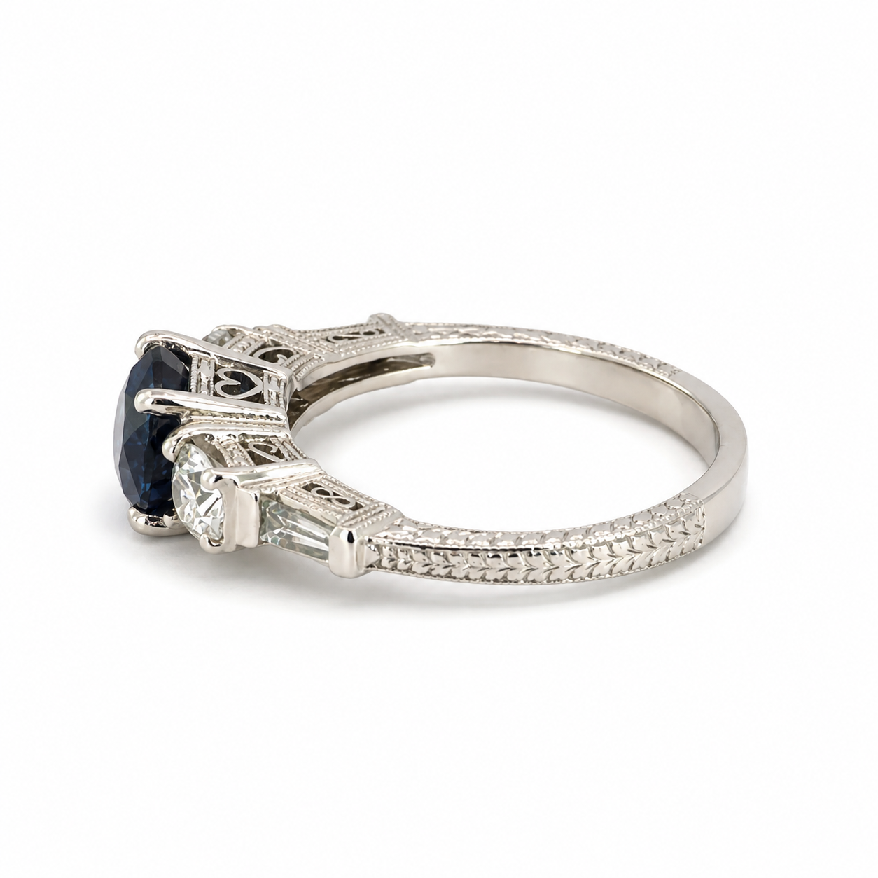 Vintage Platinum Blue Sapphire & Diamond Ring with Filigree