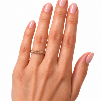 14K Rose Gold Diamond Band with Engraved Leaf Detail