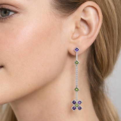 18K White Gold Amethyst, Peridot & Diamond Long Drop Earrings