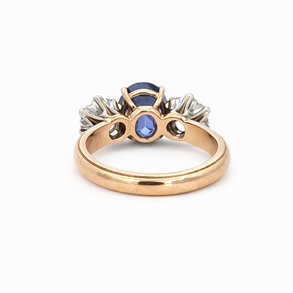 Three-Stone Sapphire and Diamond Ring – 14K Yellow Gold Beaded Edge Band