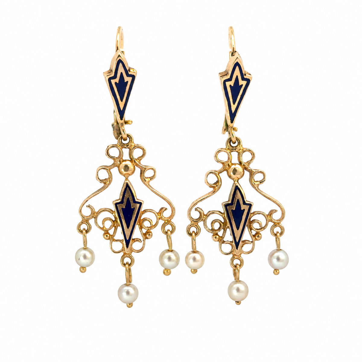 14K Yellow Gold Blue Enamel & Seed Pearl Filigree Chandelier Earrings