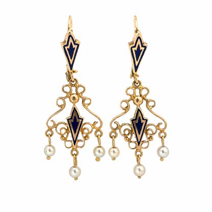 14K Yellow Gold Blue Enamel & Seed Pearl Filigree Chandelier Earrings