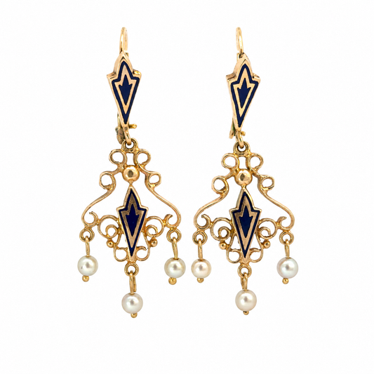 Vintage 14K Yellow Gold Blue Enamel & Seed Pearl Filigree Chandelier Earrings