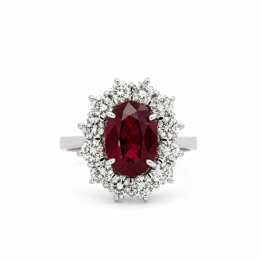 Elegant 18K White Gold Oval Ruby Ring with Diamond Halo