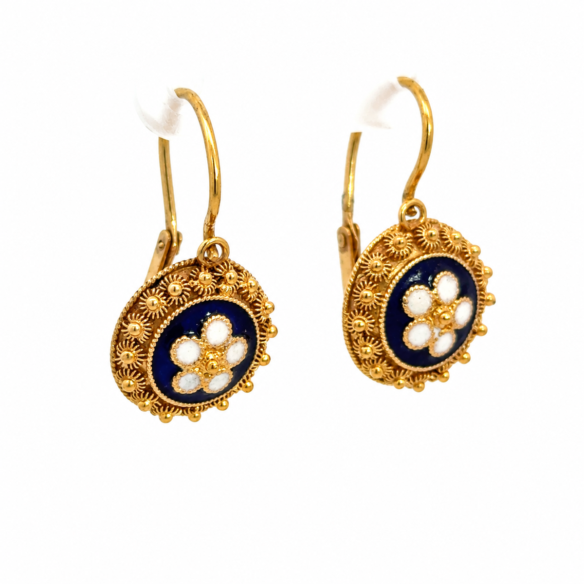 Vintage 18K Yellow Gold Navy & White Enamel Floral Drop Earrings