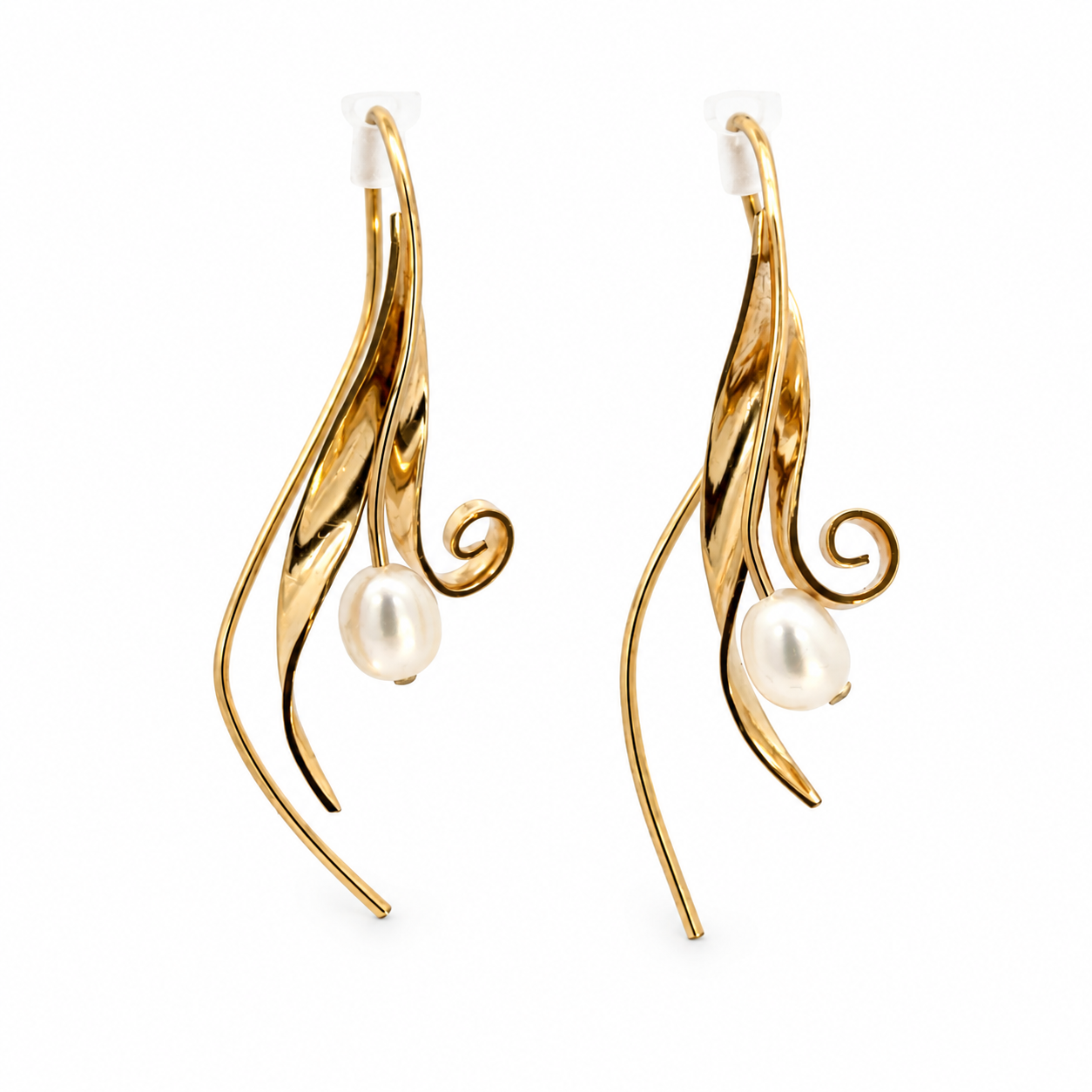 14K Yellow Gold Cultured Pearl Sculptural Leaf Drop Earrings