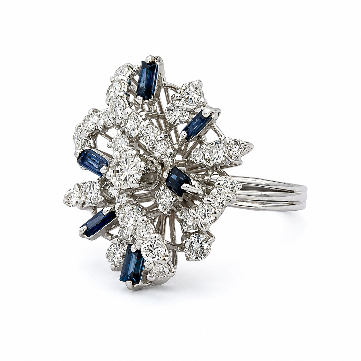 Mid-Century     18K White Gold Diamond & Sapphire Starburst Ring