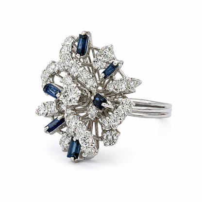 Mid-Century     18K White Gold Diamond & Sapphire Starburst Ring
