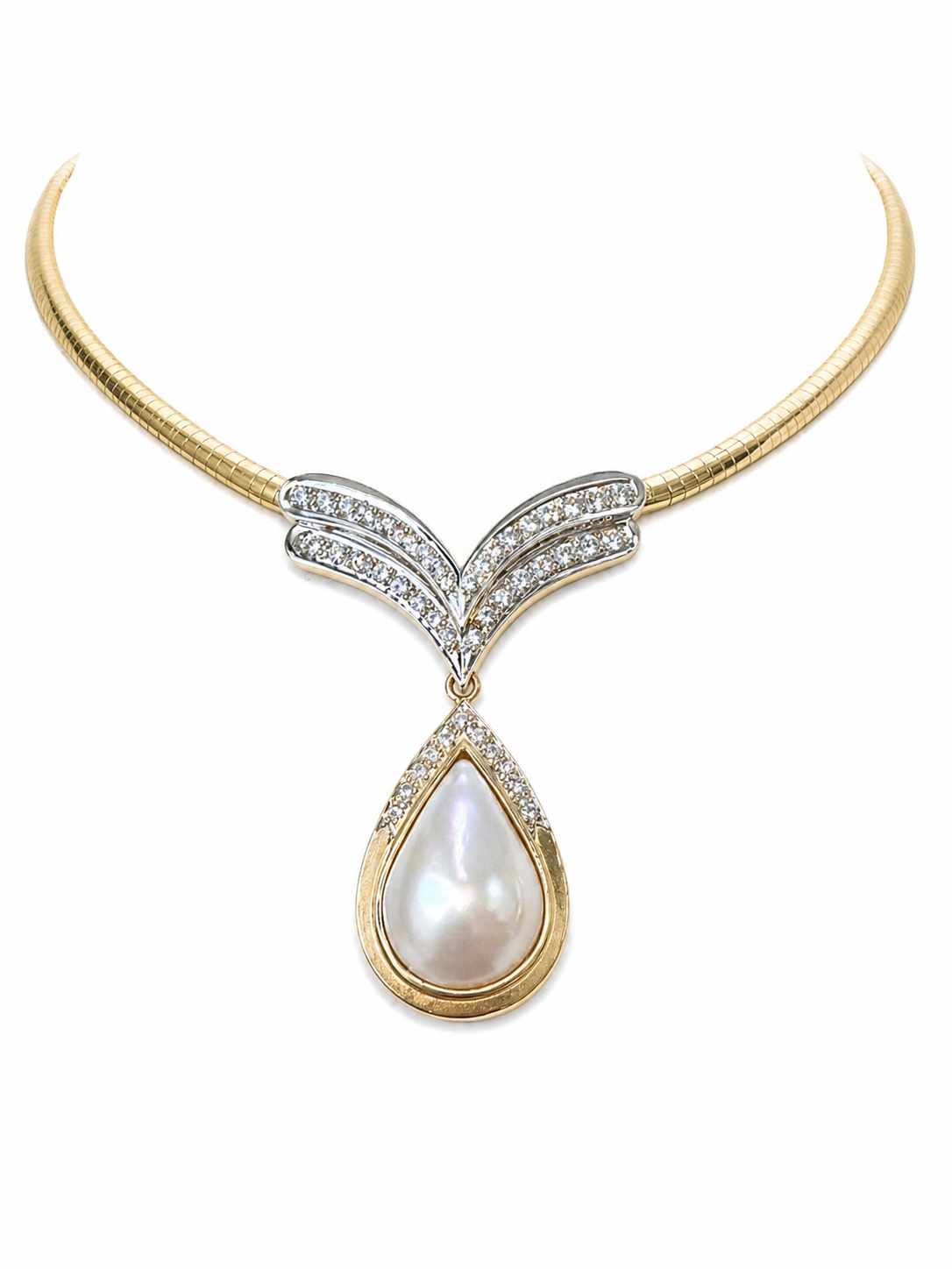 Vintage 14K Yellow & White Gold Diamond and Mother-of-Pearl Drop Necklace