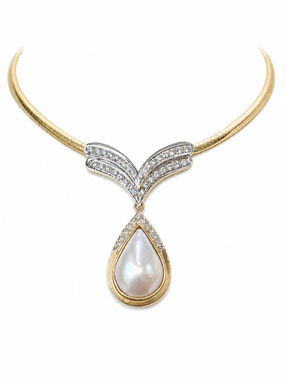 Vintage 14K Yellow & White Gold Diamond and Mother-of-Pearl Drop Necklace