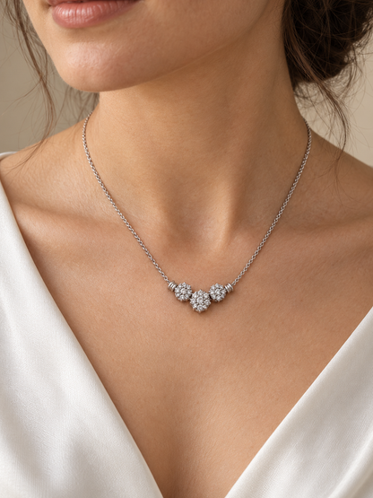 14K White Gold Three-Flower Diamond Cluster Necklace