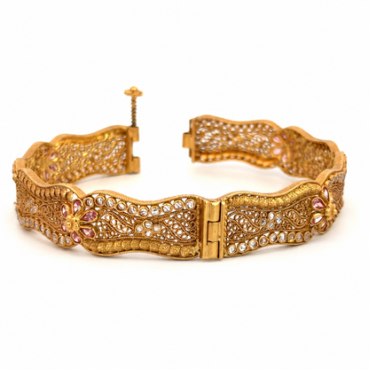 Vintage 22K Yellow Gold Filigree Bangle with Pink Swarovski Crystals & Cubic Zirconia (Copy)