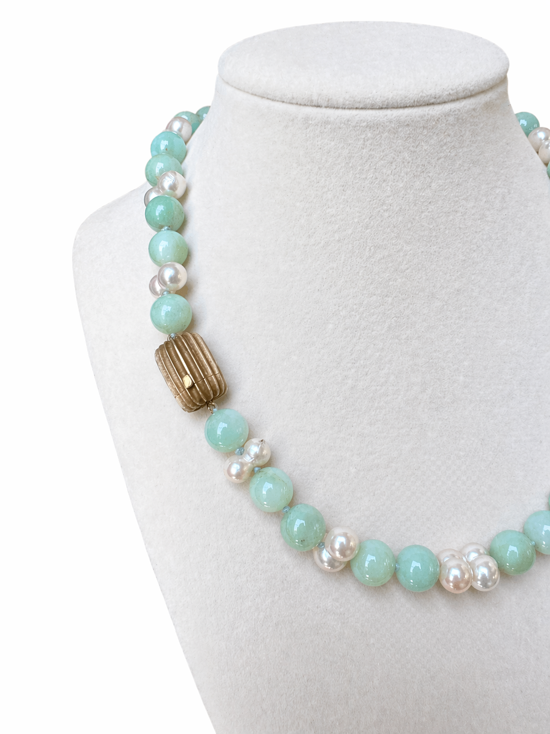 C.W. Vintage Jade, Pearl & 18K Yellow Gold Necklace and Earrings Set
