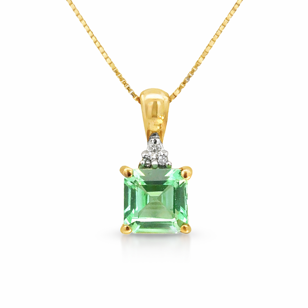Square Cut Green Tourmaline & Diamond Pendant in 14K Yellow Gold