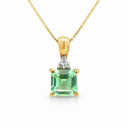 Square Cut Green Tourmaline & Diamond Pendant in 14K Yellow Gold