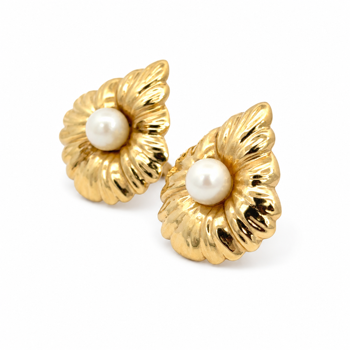 Vintage 14K Yellow Gold Pearl Leaf Earrings