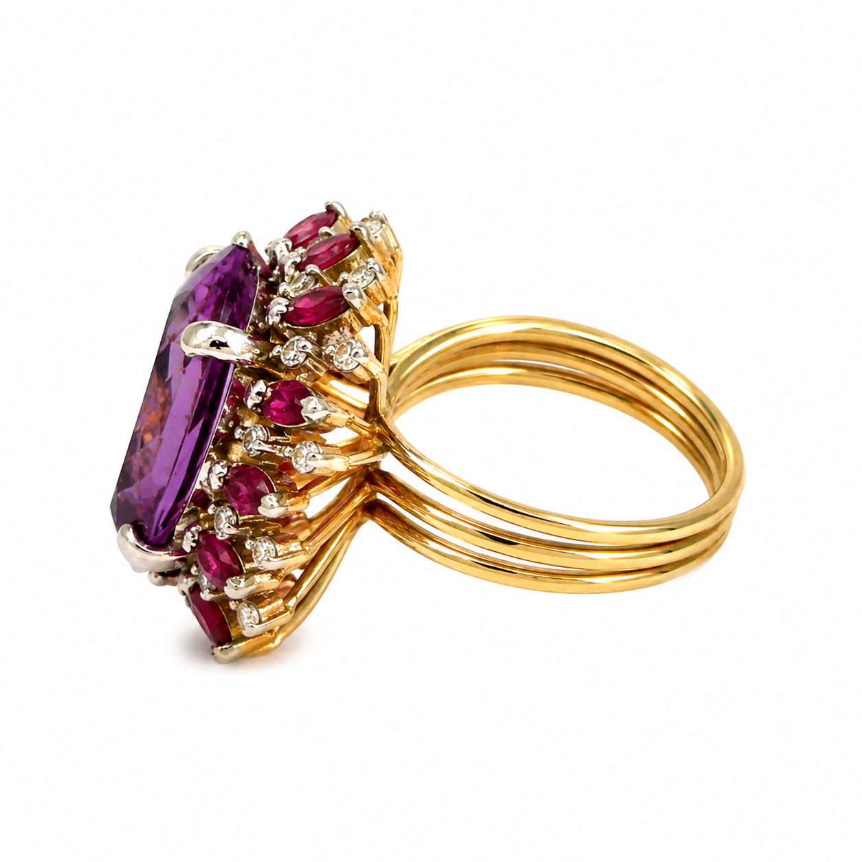 14K Yellow Gold Amethyst, Ruby & Diamond Dome Ring