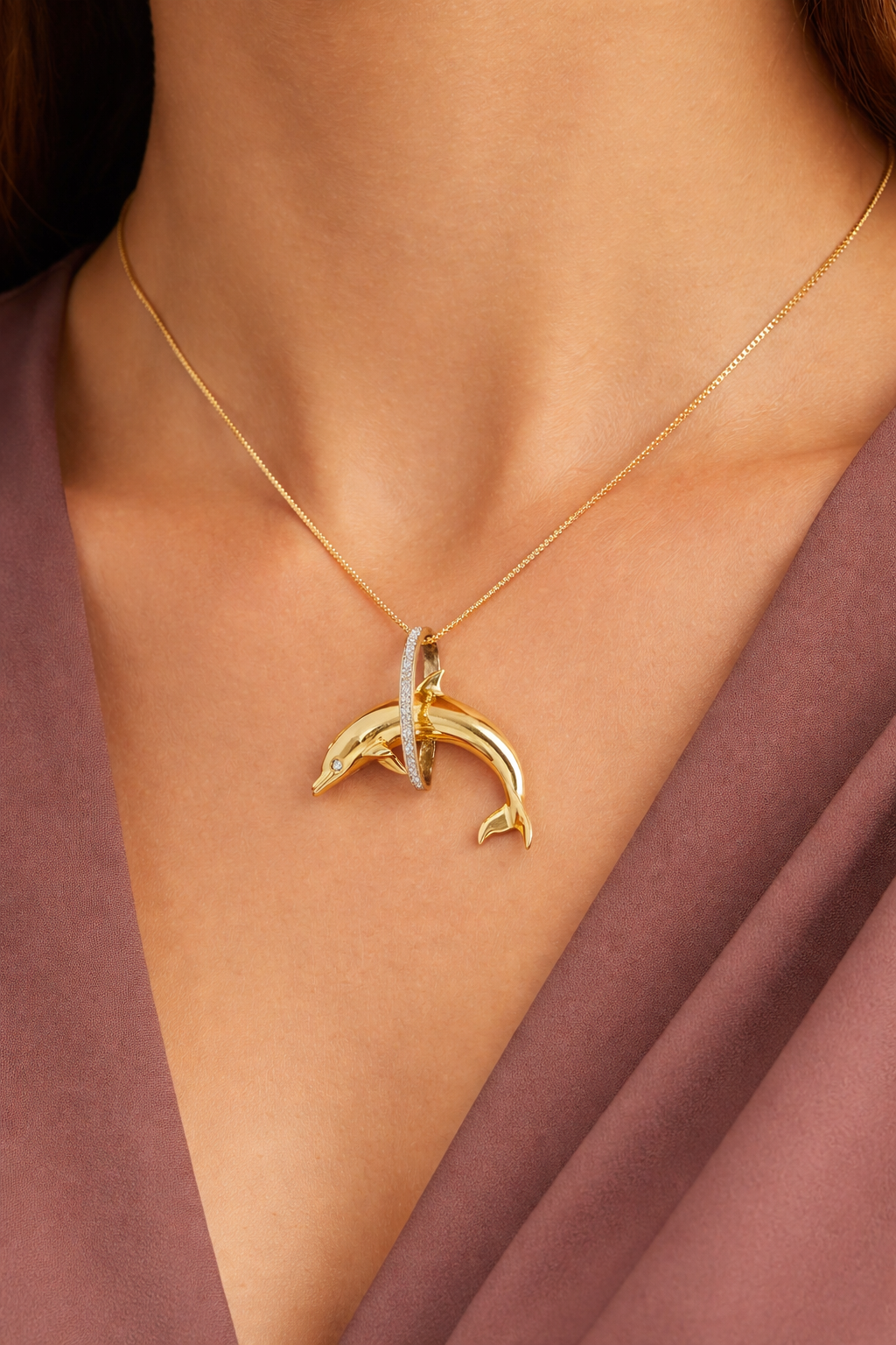 14K Yellow Gold Dolphin Pendant with Diamond Hoop & Diamond Eye