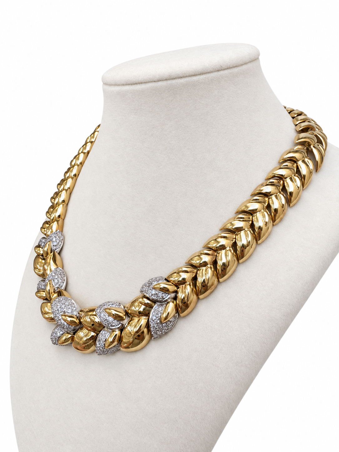Vintage 18K Yellow Gold Diamond Leaf-Link Collar Necklace