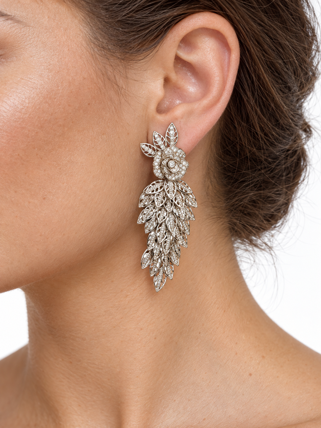 18K White Gold Diamond Rose & Cascading Foliage Earrings