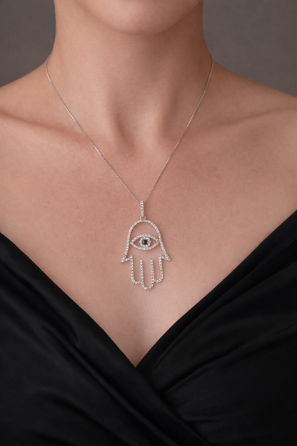 18K White Gold Pave Diamond Hamsa with Box Chain