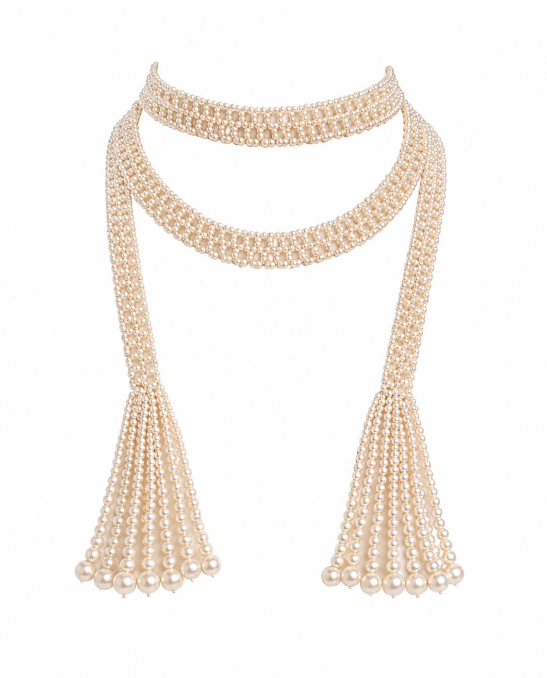 Vintage Seed Pearl Scarf Necklace with Tassel Fringe, 44” Long