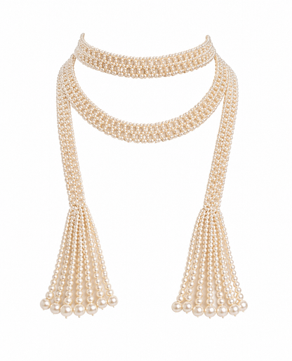 Vintage Seed Pearl Scarf Necklace with Tassel Fringe, 44” Long
