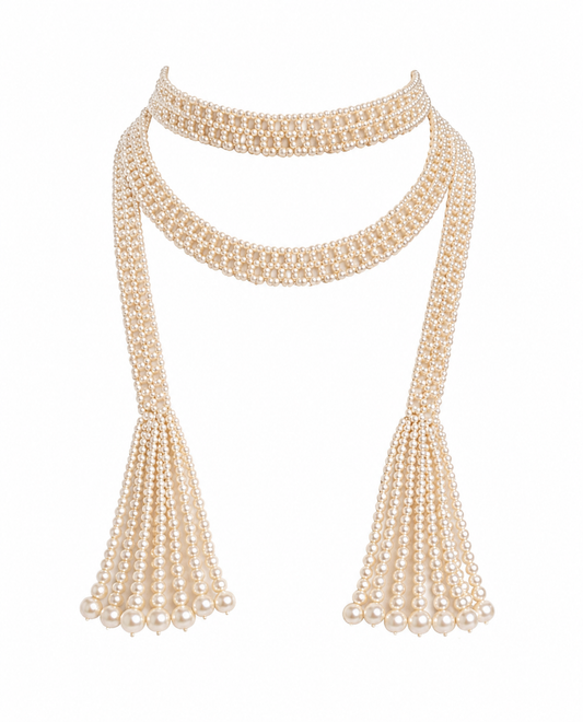 Vintage Seed Pearl Scarf Necklace with Tassel Fringe, 44” Long