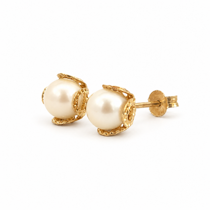 14K Yellow Gold Pearl Bud Floral Stud Earrings