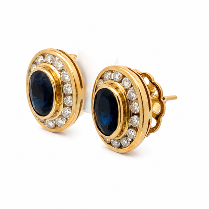 Dark Sapphire & Diamond Vintage Earrings in 18K Yellow Gold